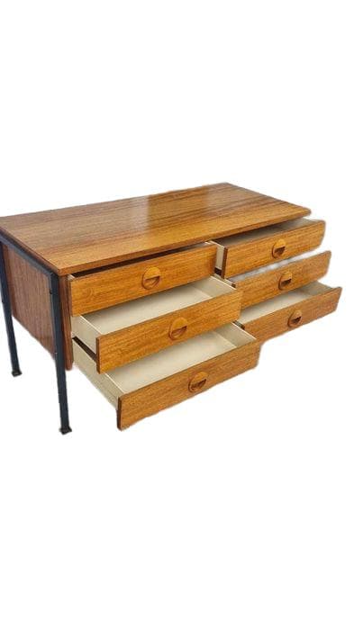 Low sideboard, brown wood, black metal, East Germany, 1970s. - DIMENSION
