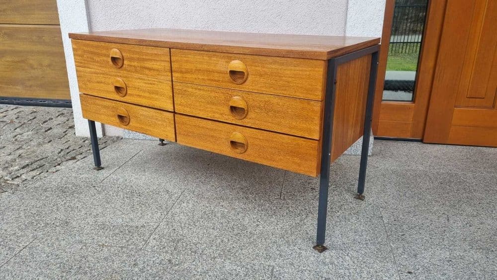 Low sideboard, brown wood, black metal, East Germany, 1970s. - 307349
