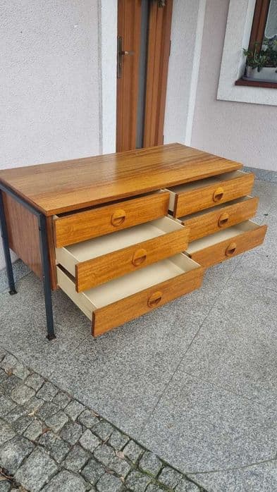 Low sideboard, brown wood, black metal, East Germany, 1970s. - 307350