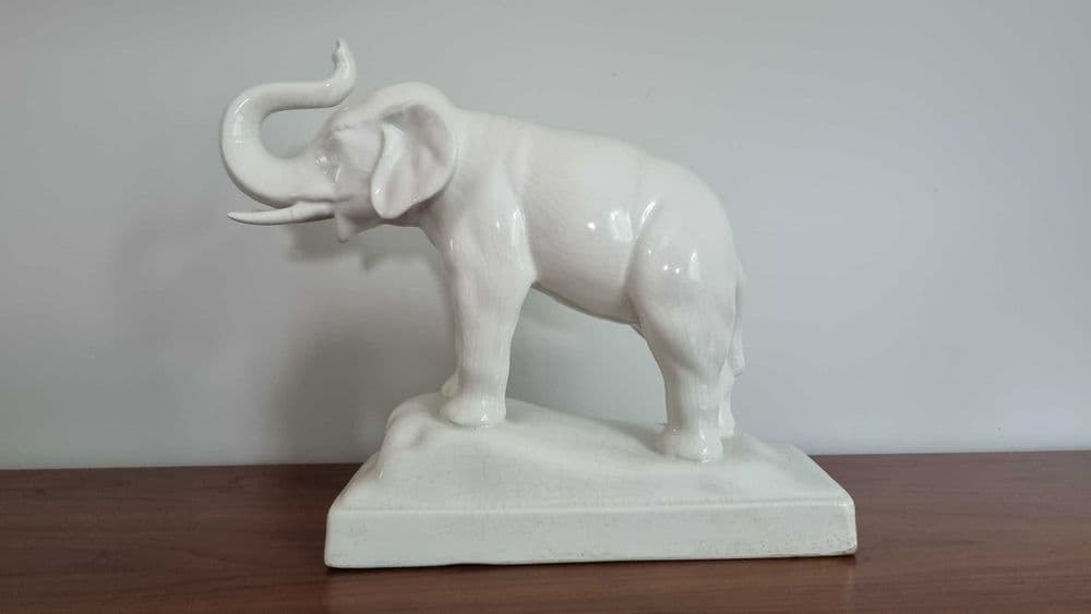 Elephant figurine, Art Deco, white, faience, Poland, 1930s. - 307347