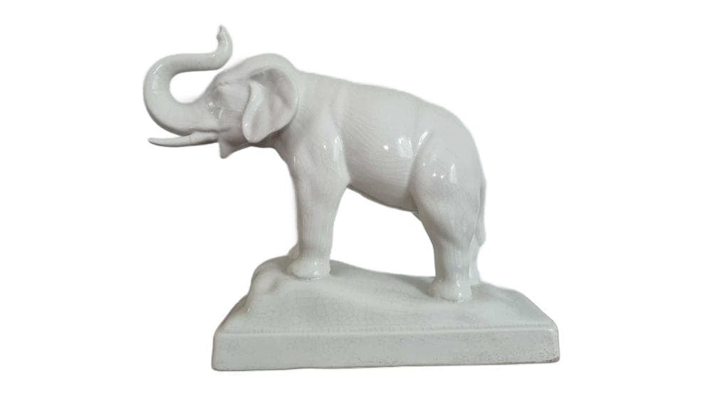 Elephant figurine, Art Deco, white, faience, Poland, 1930s.