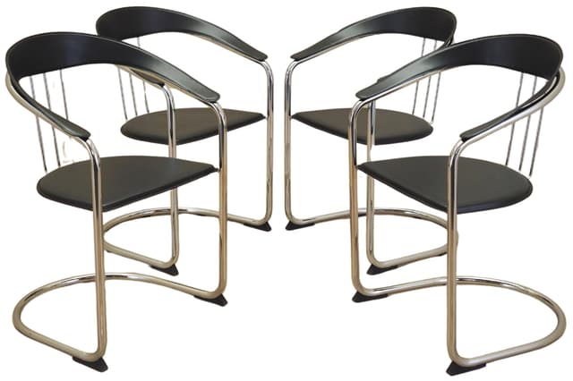 Set of four chairs, black leather, chromed metal, Italy, 1980s. - DIMENSION