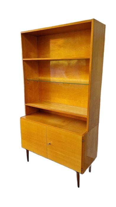 Highboard Cabinet, light ash, glass, metal, UP Závody, Czechoslovakia, 1960s.