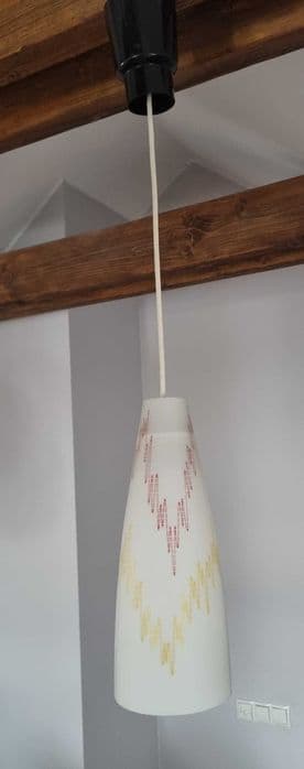 Lampa wisząca, biała szkło, czarny plastik, Czechosłowacja, lata 60. - 307335