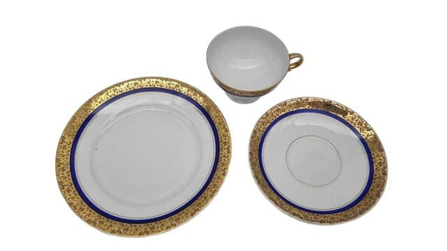 Trio śniadaniowe Art Deco, biel kobaltowy złoto, porcelana, Huta Franciszka, Polska, lata 20. - WYMIARY