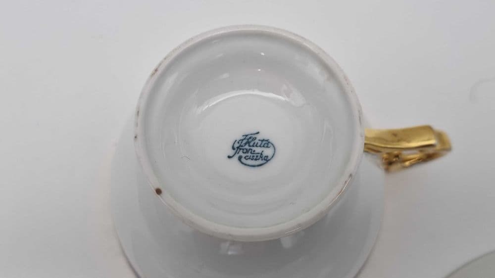 Trio śniadaniowe Art Deco, biel kobaltowy złoto, porcelana, Huta Franciszka, Polska, lata 20. - 307331