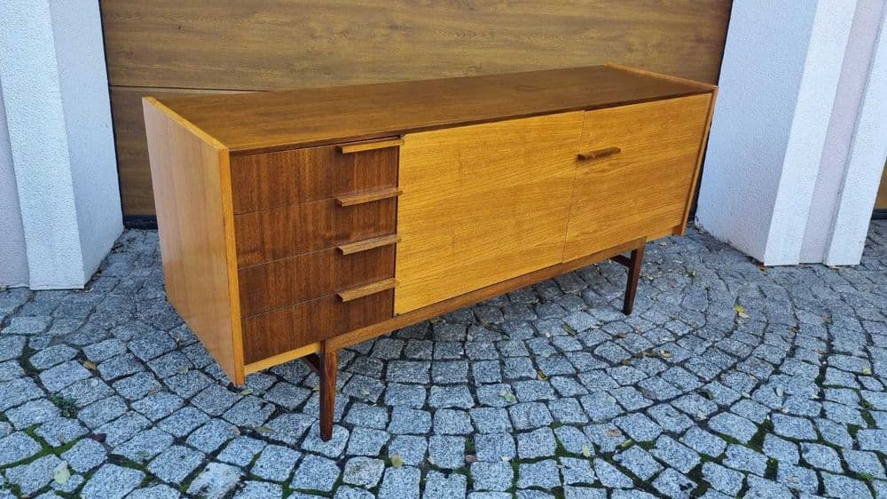 Four-piece set of storage furniture, honey oak, walnut, Czechoslovakia, 1960s. - 307317