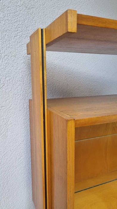 Modular shelving unit, brown wood, transparent glass, by F. Jirak, Czechoslovakia, 1960s. - 307289