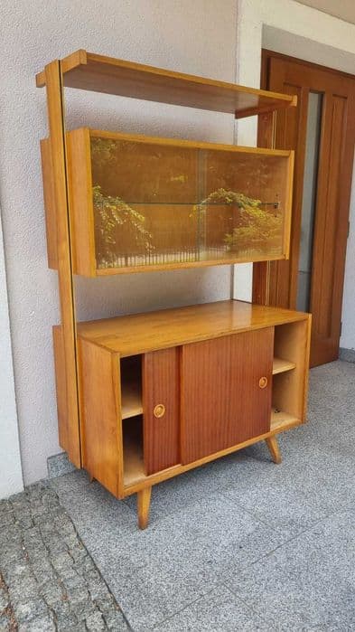 Modular shelving unit, brown wood, transparent glass, by F. Jirak, Czechoslovakia, 1960s. - 307290