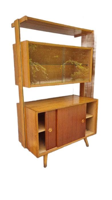 Modular shelving unit, brown wood, transparent glass, by F. Jirak, Czechoslovakia, 1960s.