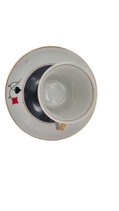 Filiżanka ze spodkiem Krokus, porcelana biała, czarna, czerwona, złota, Ćmielów, Polska, lata 60.