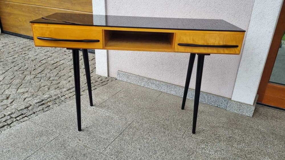 Set of three pieces, by M. Pozar, UP Závody, brown wood, black glass, Czechoslovakia, 1960s. - 307221