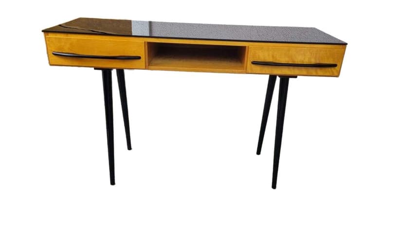 Set of three pieces, by M. Pozar, UP Závody, brown wood, black glass, Czechoslovakia, 1960s.