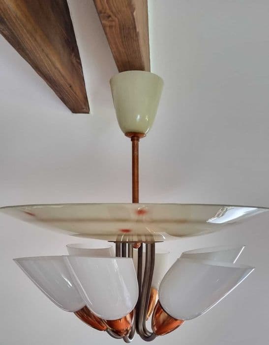 Żyrandol Mid Century, beżowy szkło, metal, Czechosłowacja, lata 50. - 307205