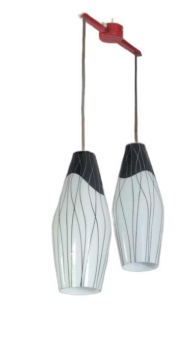 Chandelier, Mid-Century, white black glass, red metal, ZUKOV, Czechoslovakia, 1960s.