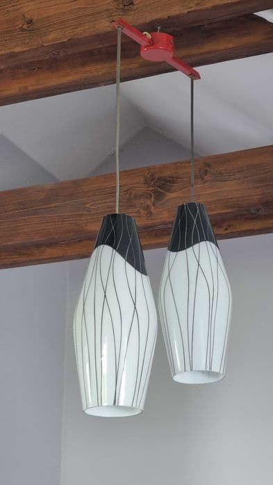 Chandelier, Mid-Century, white black glass, red metal, ZUKOV, Czechoslovakia, 1960s. - 307203