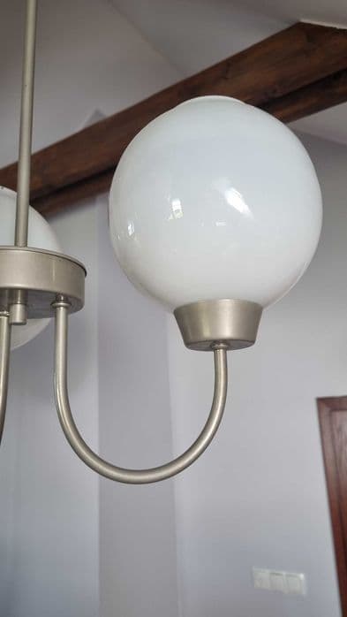 Żyrandol Art Deco, szkło białe, stal szczotkowana srebrna, Polska, lata 70. - 307197