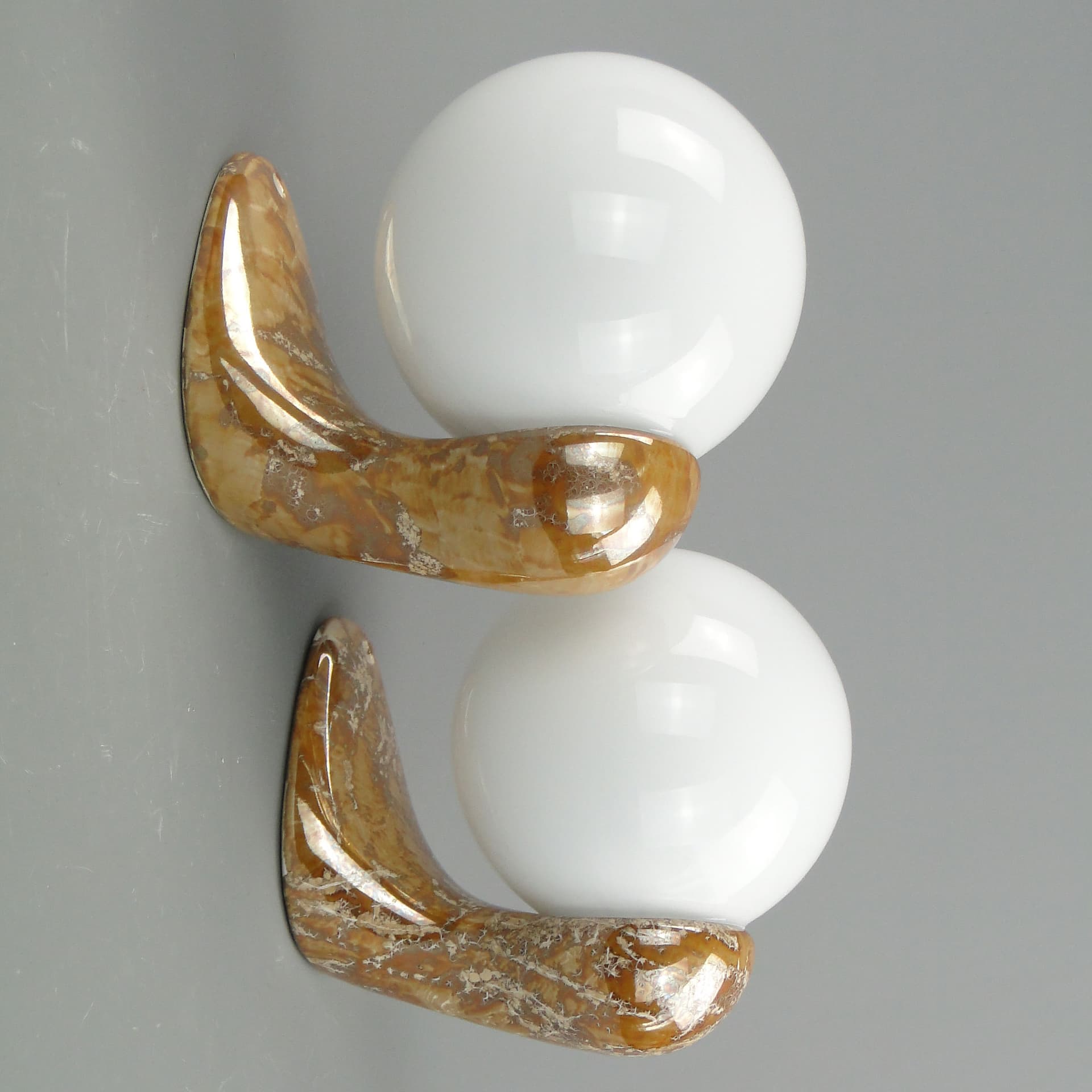 Pair of modernist wall sconces, brown ceramic, white glass, Poland, 1970s. - 2447