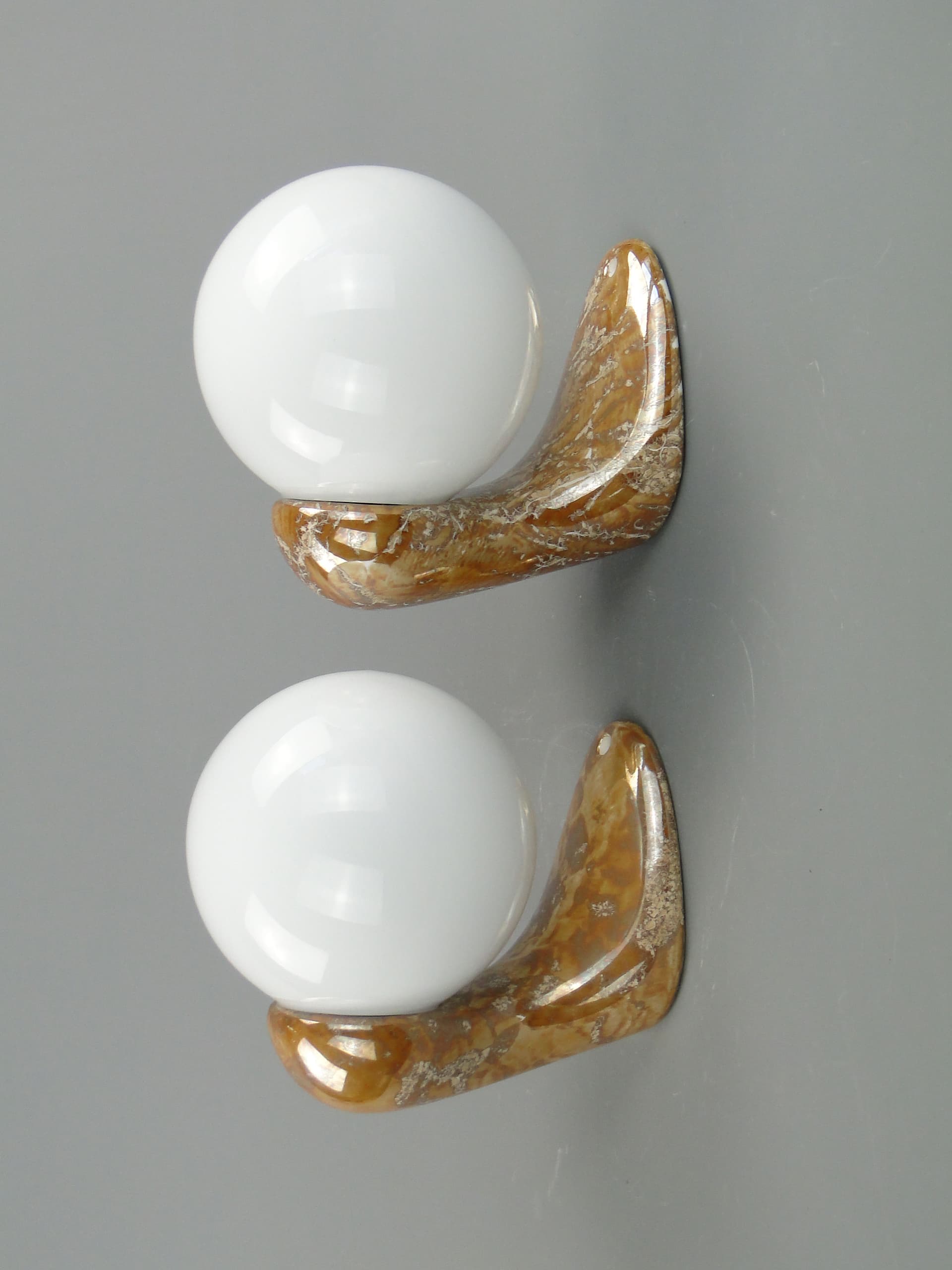 Pair of modernist wall sconces, brown ceramic, white glass, Poland, 1970s. - 2450