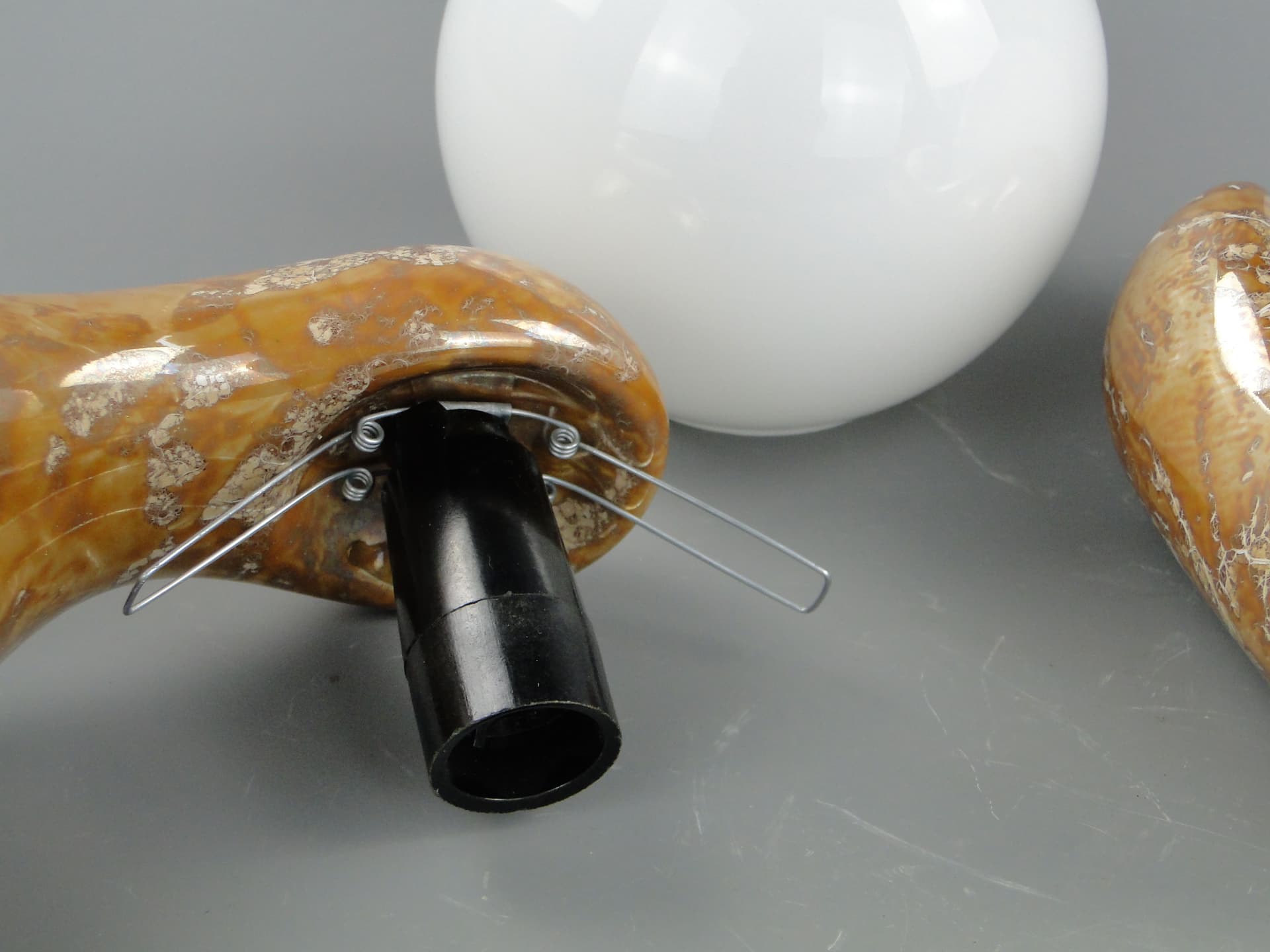 Pair of modernist wall sconces, brown ceramic, white glass, Poland, 1970s. - 2453