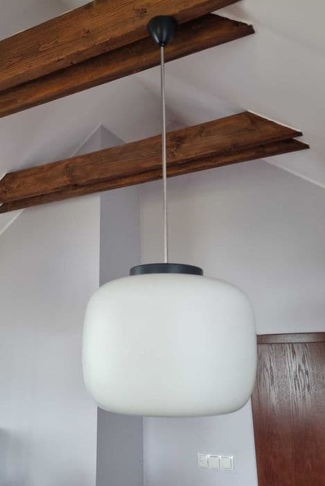 Pendant lamp, white glass, black brushed steel, by K. Wolf, Czechoslovakia, 1970s. - 307128