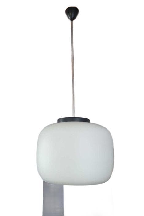 Pendant lamp, white glass, black brushed steel, by K. Wolf, Czechoslovakia, 1970s.