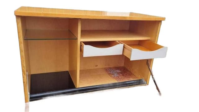 Bar sideboard, honey brown, wood glass, Interier Praha, Czechoslovakia, 1970s. - DIMENSION