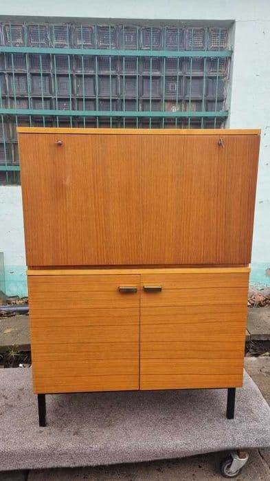 Bar sideboard, honey brown, wood glass, Interier Praha, Czechoslovakia, 1970s. - 307118