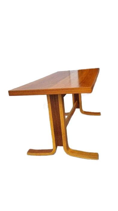 Coffee table, by L. Volák, bent plywood brown, wood, Czechoslovakia, 1970s.