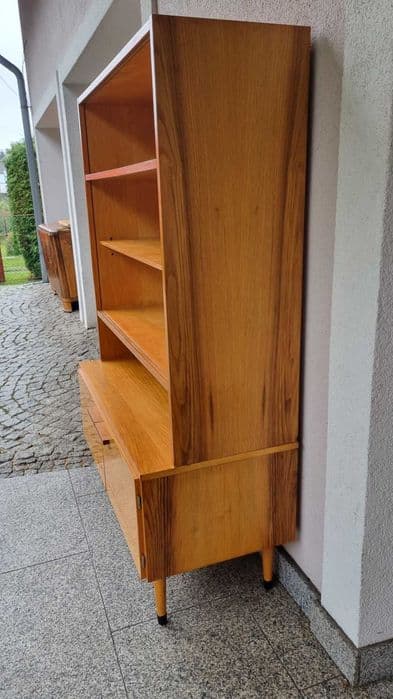 Highboard display cabinet, brown oak, transparent glass, Czechoslovakia, 1970s. - 307085