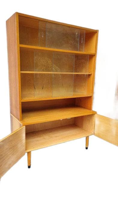 Highboard display cabinet, brown oak, transparent glass, Czechoslovakia, 1970s. - DIMENSION
