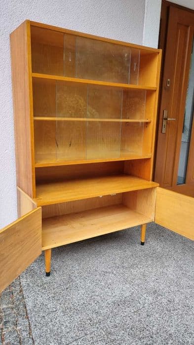 Highboard display cabinet, brown oak, transparent glass, Czechoslovakia, 1970s. - 307086