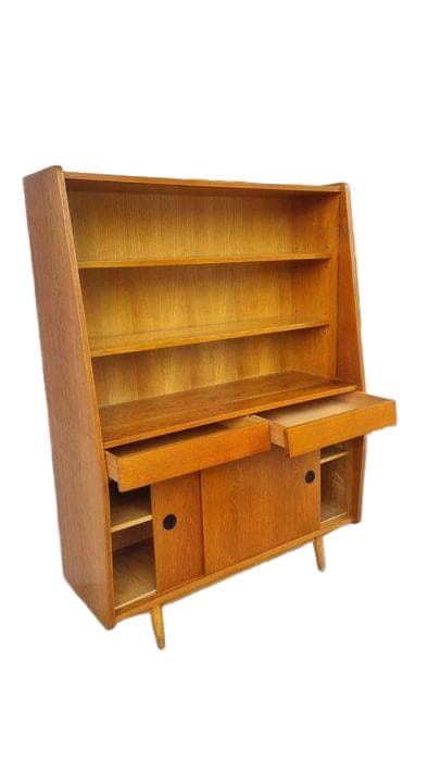 Highboard display cabinet, light oak, glass, Drevotvar Pardubice, Czechoslovakia, 1960s.