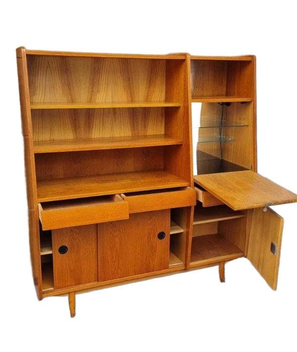 Sideboard, Mid-Century Modern, honey oak, glass, Czechoslovakia, 1960s. - DIMENSION