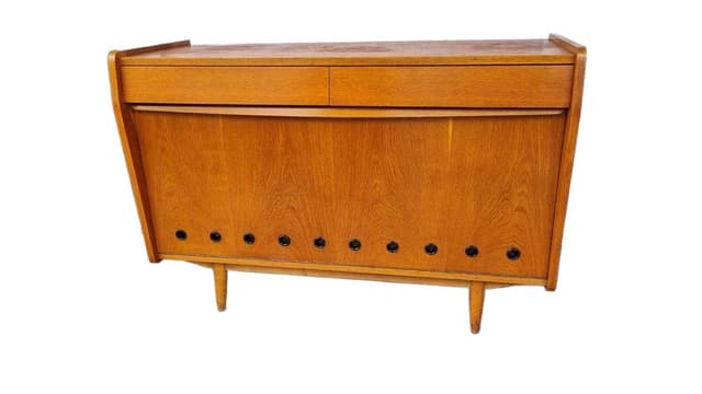 Sideboard/TV Cabinet, Mid-Century Modern, honey oak, plywood, Czechoslovakia, 1960s. - DIMENSION