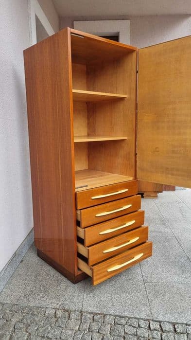 Linen cabinet, brown, wood, beige plastic handles, UP Závody, Czechoslovakia, 1970s. - 307074