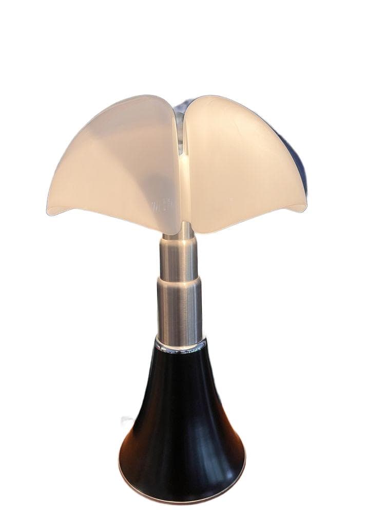 Table lamp Pipistrello, black, brushed steel, white acrylic, by G. Aulenti, Martinelli Luce, Italy, 1960s.