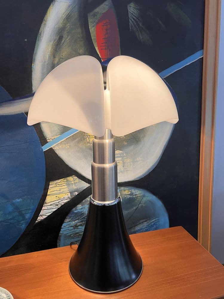 Table lamp Pipistrello, black, brushed steel, white acrylic, by G. Aulenti, Martinelli Luce, Italy, 1960s. - 307500