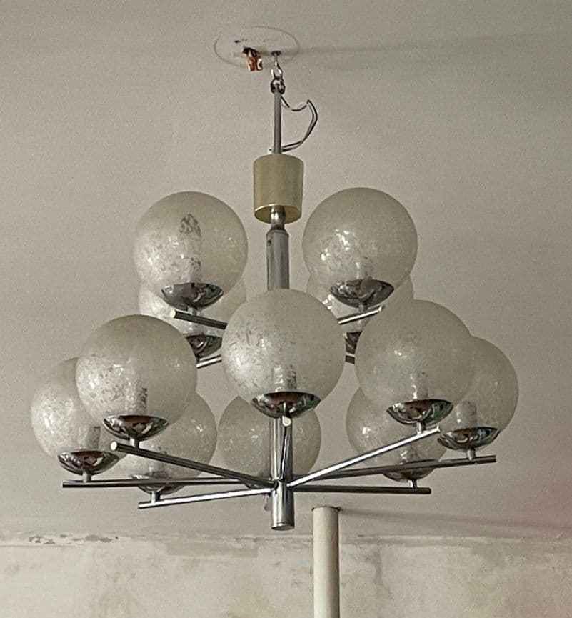 Żyrandol Space Age, chrom srebrny, szkło białe, Niemcy, lata 70. - 307482