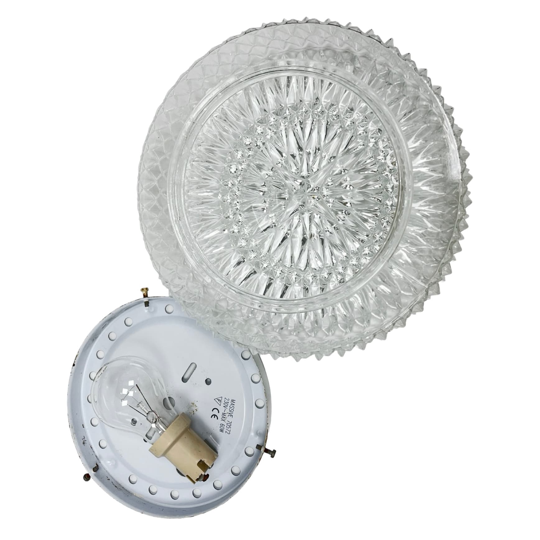 Flush Mount/Wall Light Starburst Rosette, transparent glass, white metal, Belgium, 1970s. - 307703