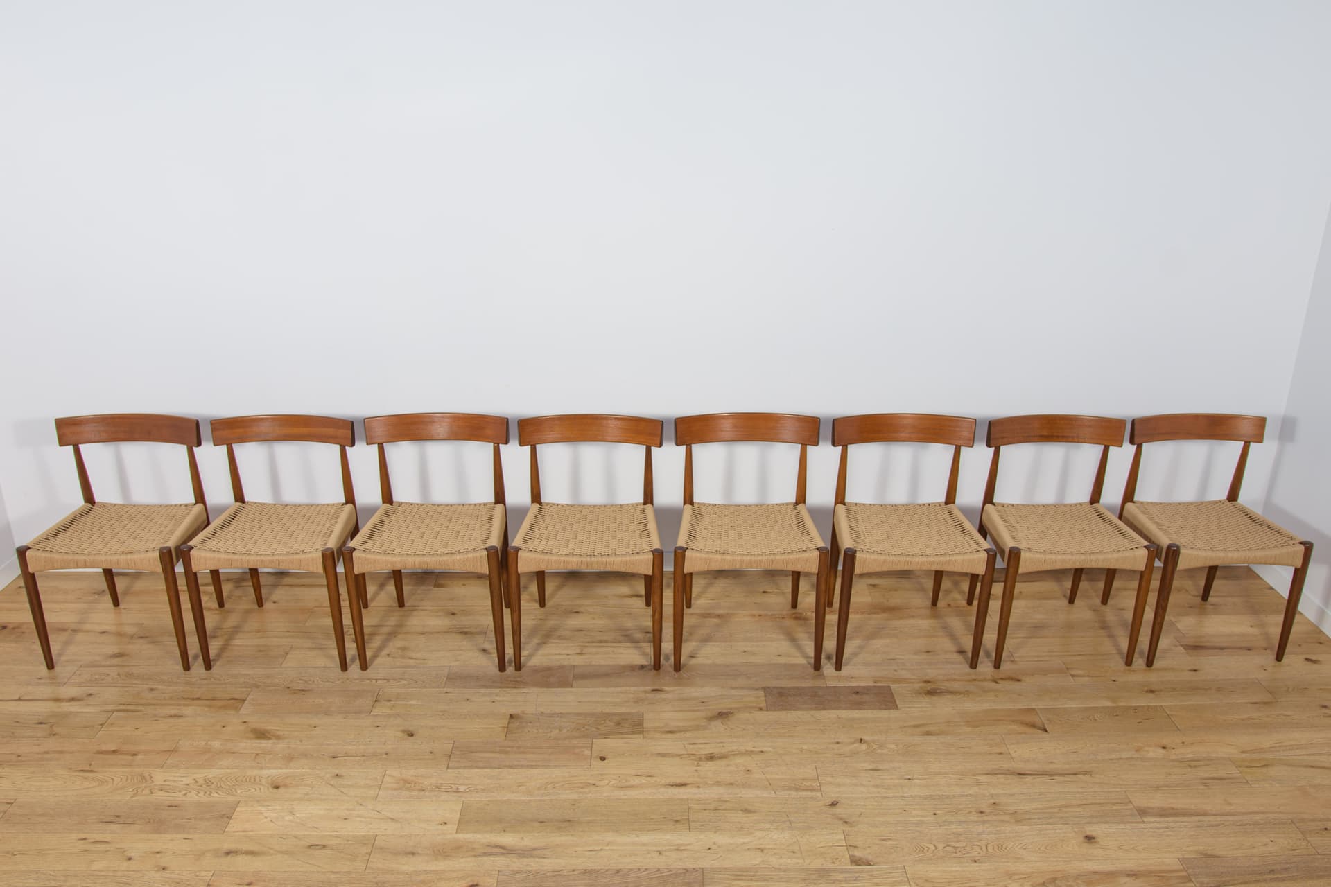 Set of eight chairs, brown teak, beige rattan, by A. Hovmand-Olsen, for Mogens Hansen, Denmark, 1960s. - 307710