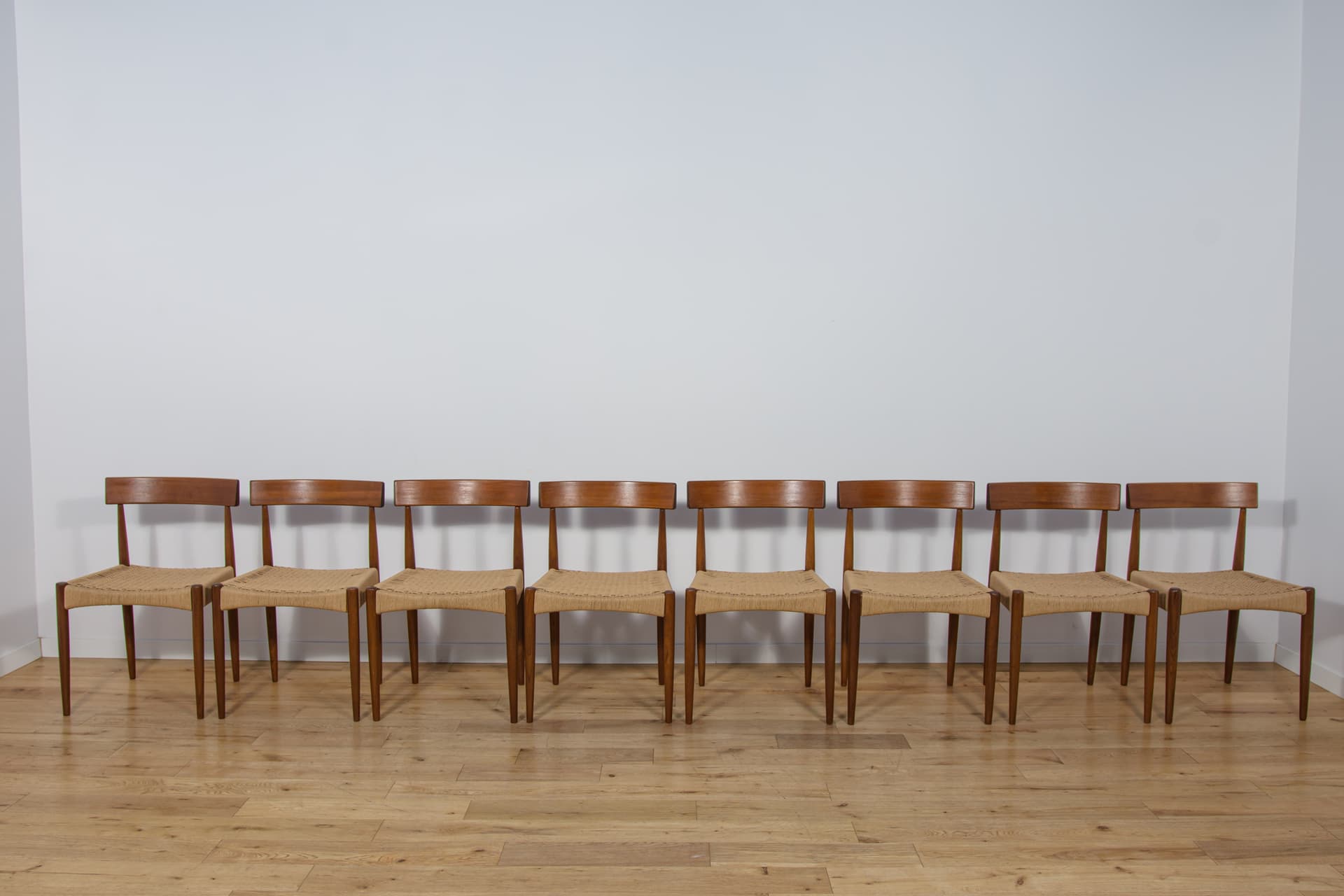 Set of eight chairs, brown teak, beige rattan, by A. Hovmand-Olsen, for Mogens Hansen, Denmark, 1960s. - 307709