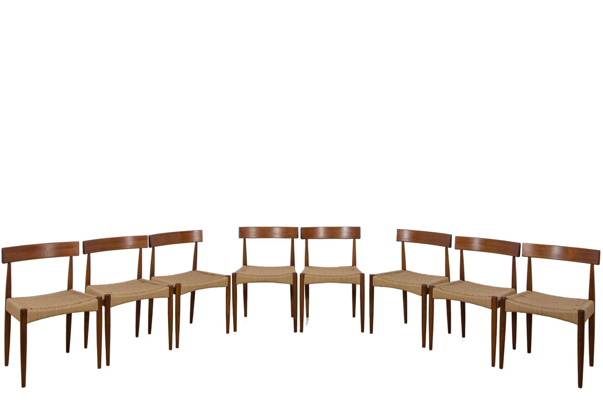 Set of eight chairs, brown teak, beige rattan, by A. Hovmand-Olsen, for Mogens Hansen, Denmark, 1960s.