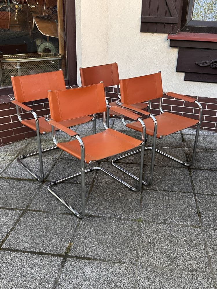 Set of four chairs S34, orange leather, chrome, by M. Stam, Italy, 1990s. - 308033