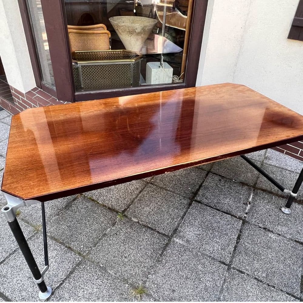 Desk, reddish-brown wood, black and silver metal, Italy, 1960s. - 307960