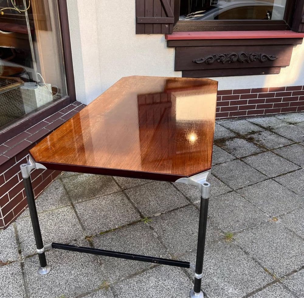Desk, reddish-brown wood, black and silver metal, Italy, 1960s. - 307961
