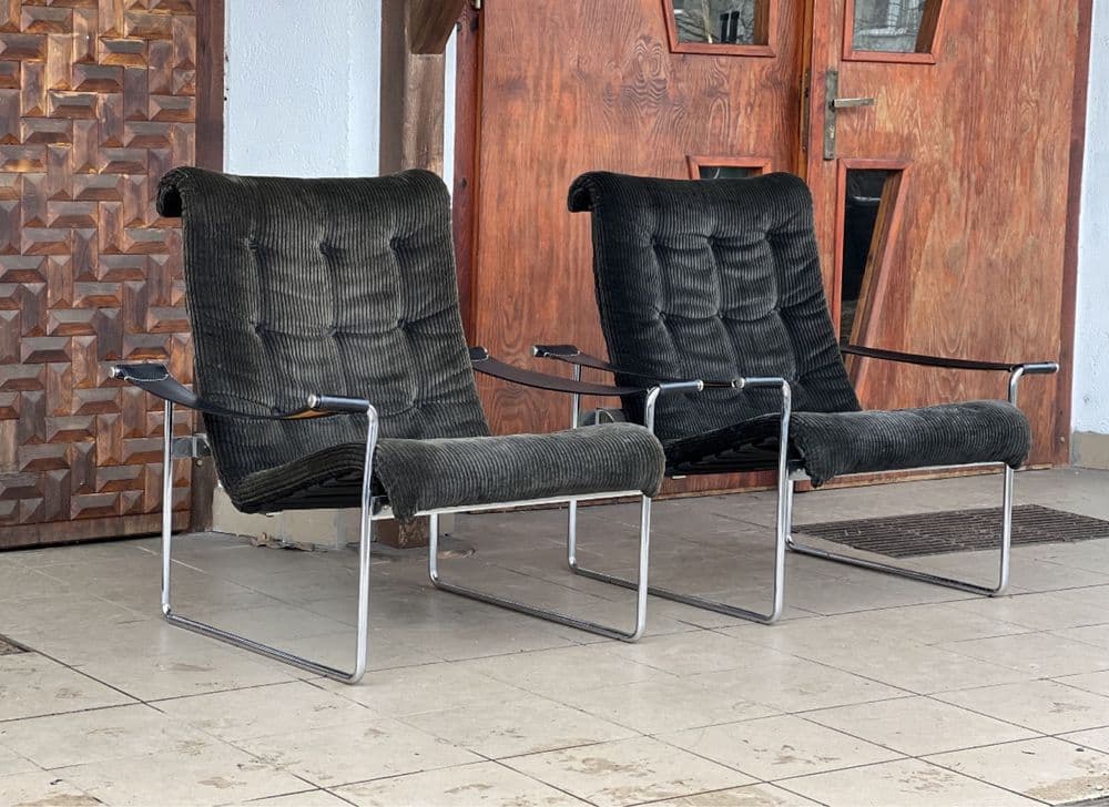 Fotel, sztruks zielony, stal chromowana, proj. H. Konecke, Niemcy, lata 60. - 308218