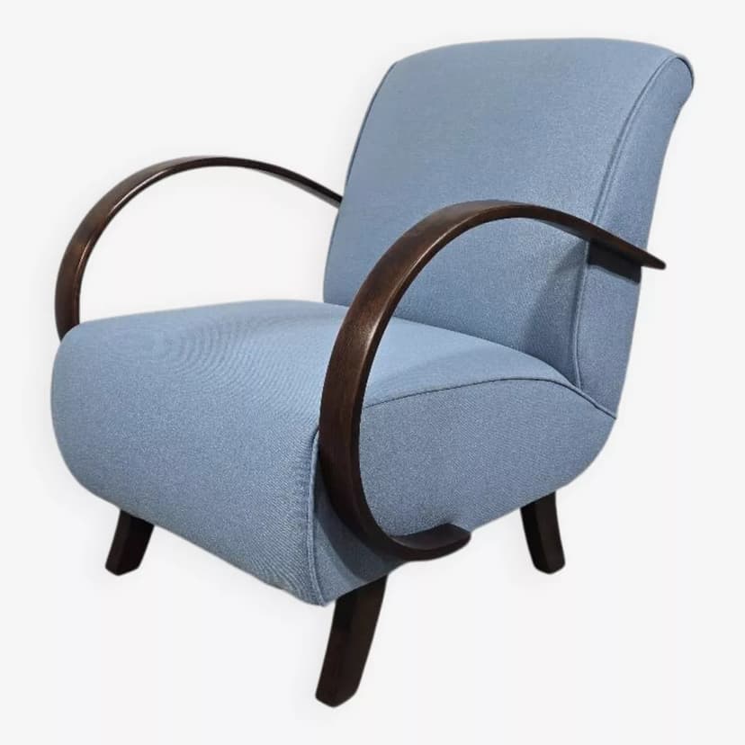 Armchair H 410, blue, wood, by J. Halabala, UP Závody, Czechoslovakia, 1950s.