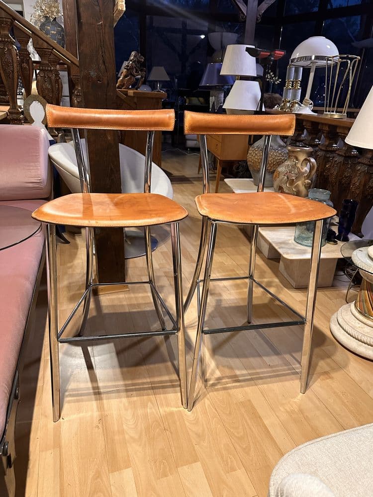 Bar stool Yoko, brown leather, chrome steel, Arrben, Italy, 1970s. - 308193
