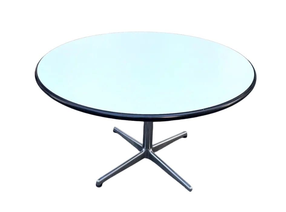 Dining table, white laminate, silver stainless steel, by A. Castelli Ferrieri, Anonima Castelli, Italy, 1970s.
